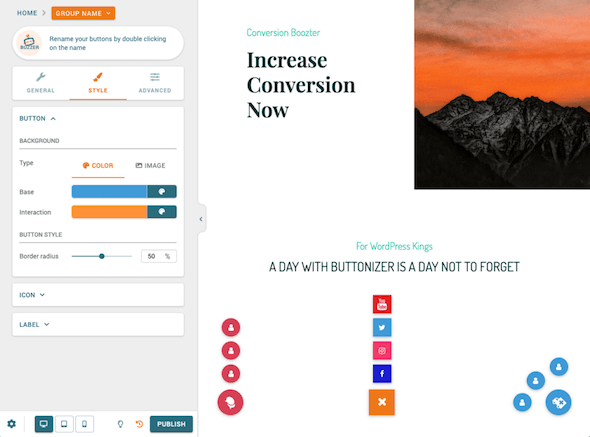 the position of the buttonizer hover button posisi tombol melayang buttonizer