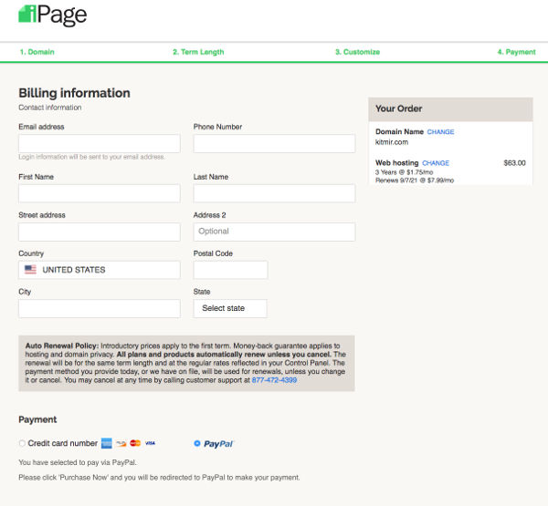 Register for iPage hosting Step 5