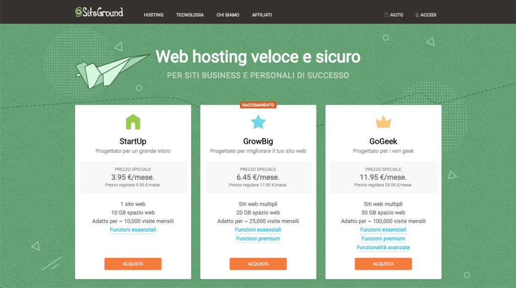 Siteground shared hosting plans summary