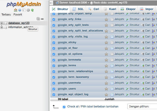 phpMyAdmin Database Tables