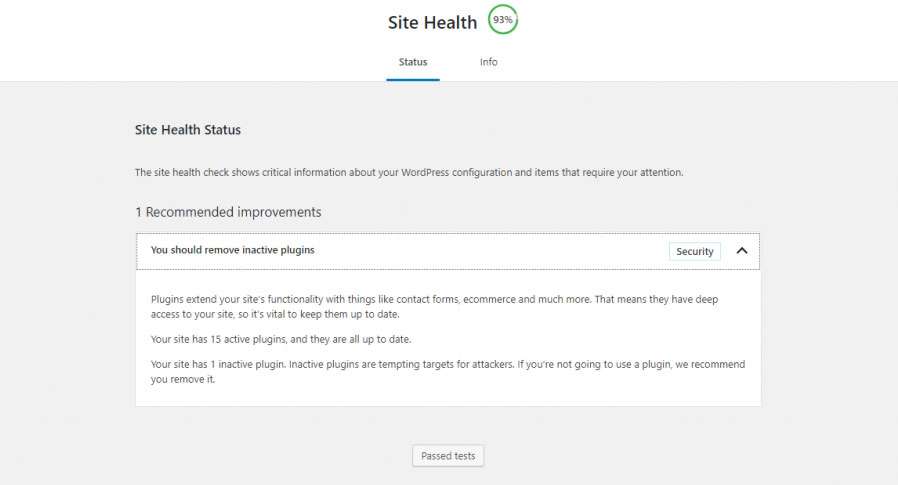 The main WordPress Site Health screen