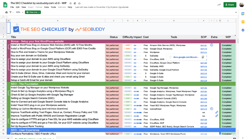 optimasi seo checklist google sheets