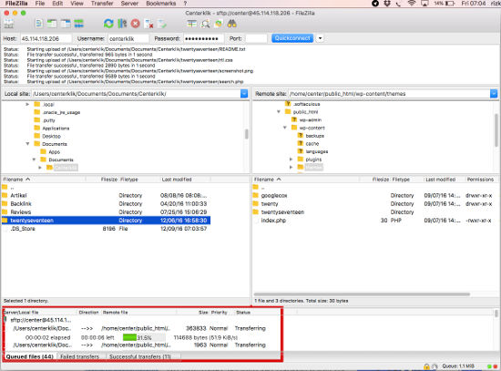 using the ftp client FileZilla Upload