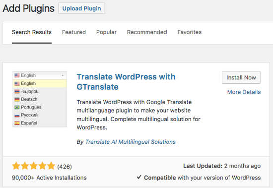 Install the GTranslate WordPress Plugin