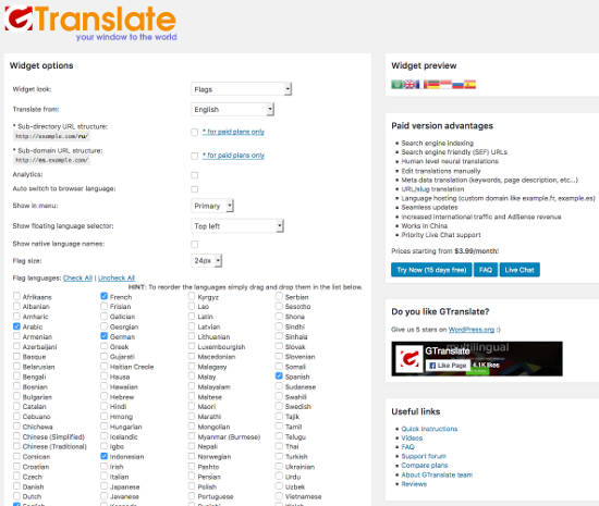 GTranslate WordPress Settings