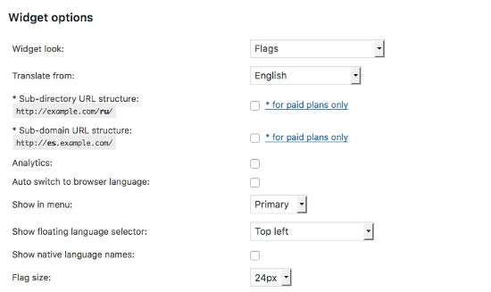 Widget Options GTranslate WordPress