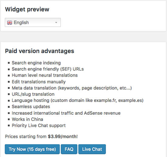 GTranslate WordPress Preview Widget