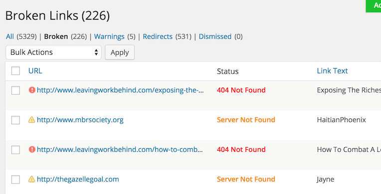 Broken Link Checker Preview of wordpress broken links