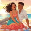 Romantic couple on the beach illustration, Emily Henry book cover style