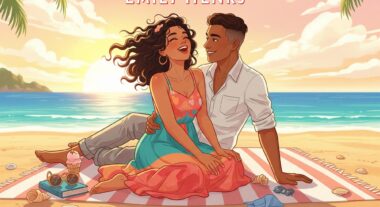 Romantic couple on the beach illustration, Emily Henry book cover style