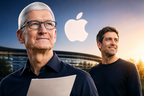 Tim Cook delivering a speech at Apple Park, illustrating his transition from CEO to Executive Chairman